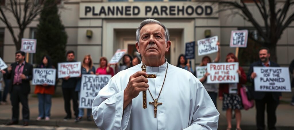 Świetny obraz przedstawiający katolickiego księdza stojącego przed budynkiem Planned Parenthood z krzyżem i grupą aktywistów pro-życia.