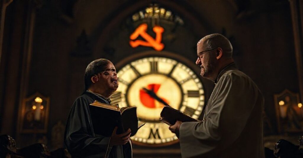 Księż katolicki w ciemnej koście patrzy z troską na zniekształcony zegar, symbolizując konflikt między porządkiem boskim a politycznym absolutyzmem