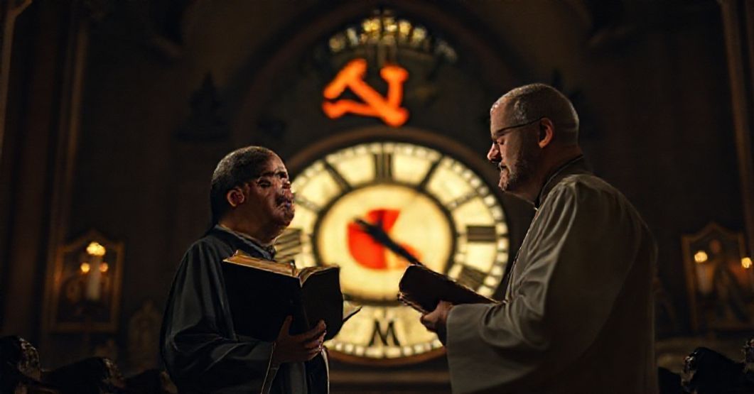 Księż katolicki w ciemnej koście patrzy z troską na zniekształcony zegar, symbolizując konflikt między porządkiem boskim a politycznym absolutyzmem