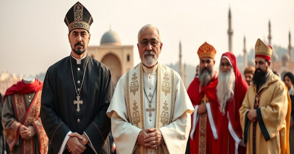 Katolicki ksiądz w tradycyjnych szatach modlitwy przed podzielonymi wspólnotami chrześcijańskimi w Iranie, podkreślając jedność prawdziwego Kościoła