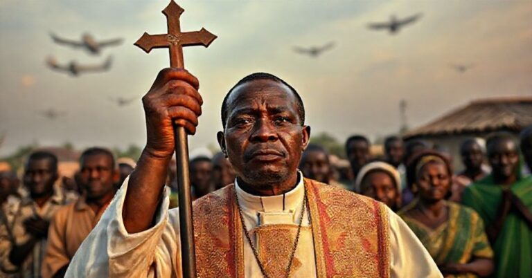 Ksiądz katolicki w tradycyjnych odzieżach modlących się z katolikami nigeryjskimi pod amerykańskimi samolotami bojowymi