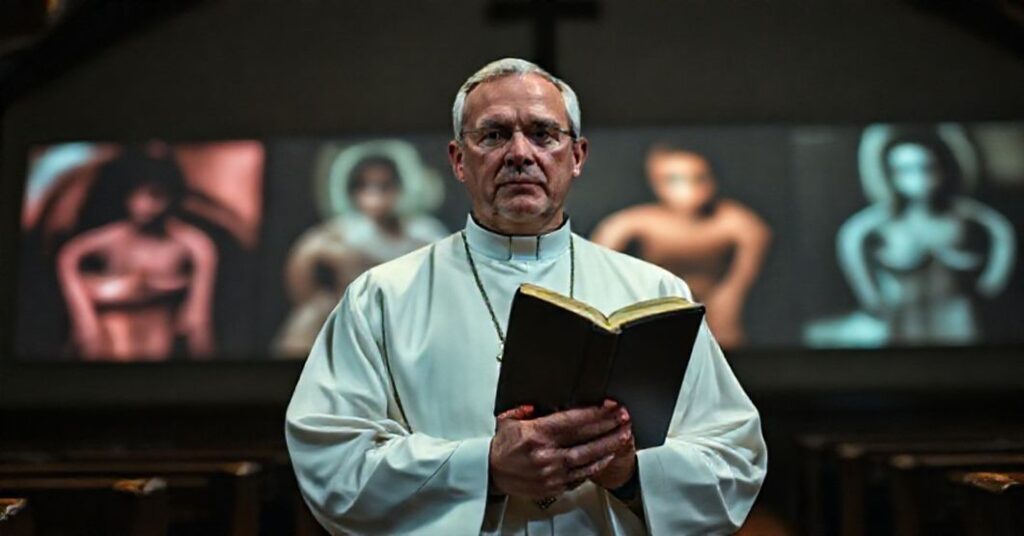 Ksiądz katolicki w ciemnym kościele z zamkniętą Biblią przed projekcją rozmytych pornograficznych obrazów.