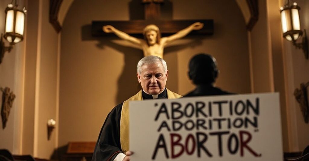 Sobieśny księż katolicki w tradycyjnych szatach liturgicznych stojący w ciemnym koście z wyrazem smutku na twarzy, z wielkim krzyżofem w tle. Na pierwszym planie rozmyta postał z tabliczką z fałszywymi hasłami popierającymi aborcję.