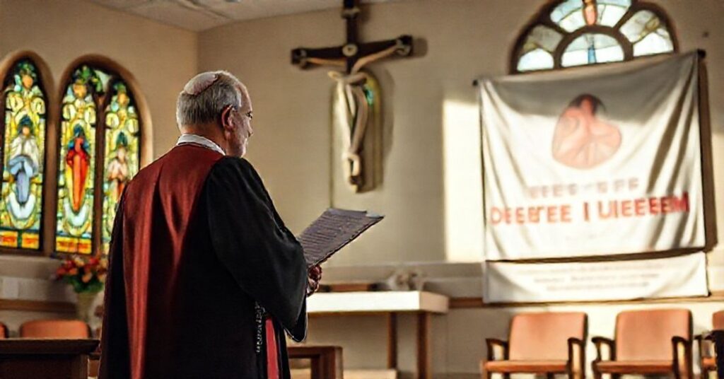 Katolicki ksiądz w tradycyjnych paramencach przed wojskową kaplicą z raportem o spadku aborcji w armii USA