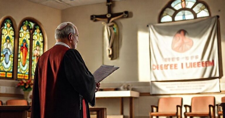 Katolicki ksiądz w tradycyjnych paramencach przed wojskową kaplicą z raportem o spadku aborcji w armii USA