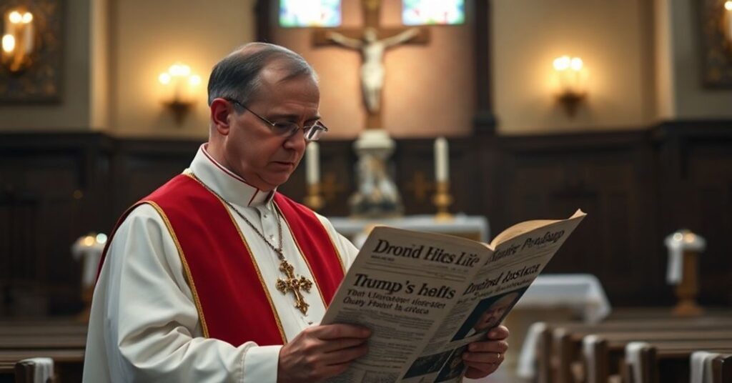 Ksiądz katolicki w tradycyjnych szatach liturgicznych przeczytający wiadomości o zagrożeniach Donalda Trumpa wobec Wenezueli, na tle ołtarza z krzyżem i świecami.