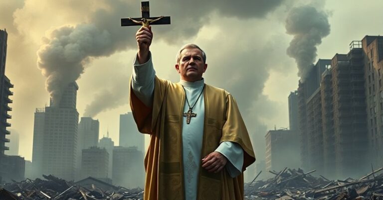 Ksiądz w tradycyjnych szatach liturgicznych trzyma krzyż przed ruinami miasta w USA.