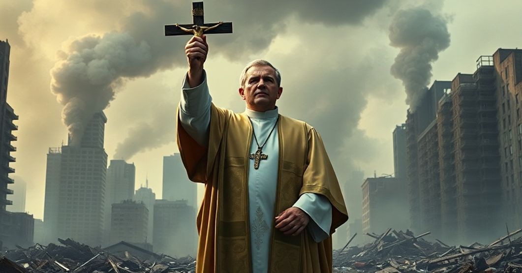 Kryzys społeczny w USA i brak władzy Chrystusa Króla Ksiądz w tradycyjnych szatach liturgicznych trzyma krzyż przed ruinami miasta w USA.