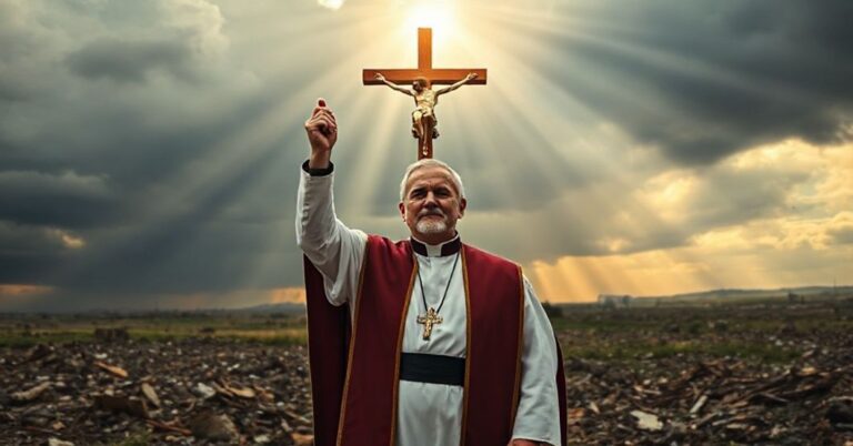 Katolicki ksiądz w tradycyjnych szatach liturgicznych z podniesionym krzyżem w środku zniszczonego krajobrazu ukraińskiego. Promienie boskiego światła przenikają przez mgliste chmury, symbolizując duchową walkę i zapomnienie o królowej Chrystusa.