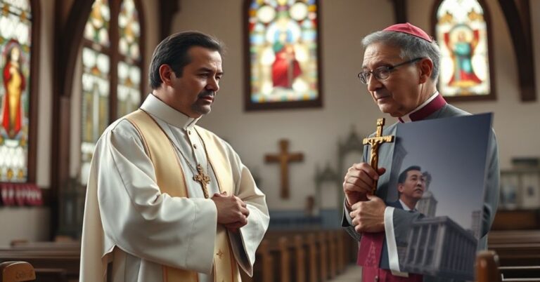 Katolicki księż w ornatściu trzyma krzyż i patrzy z troskłiwścią na zdjęcie senatora Gignaca z chińskim urzędnikiem Hao Pingiem na tle zniszczonych kościołów.