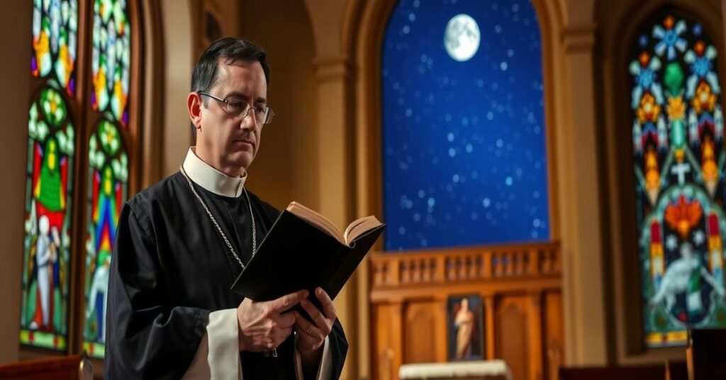 Tradycyjny ksiądz katolicki w kaszule stoi w kościele z witrażami w tle, symbolizując konflikt między prawdziwą wiarą a modernistycznym zniekształceniem eksploracji kosmosu.