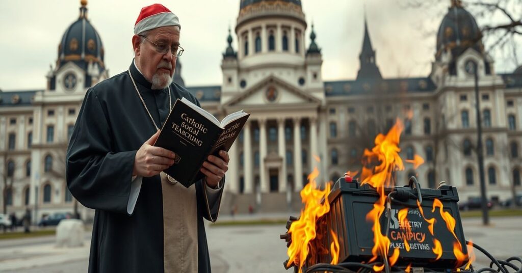 Katolicki ksiądz w obliczu kanadyjskiego parlamentu z książką nauki społecznej Kościoła, symbolizujący krytykę ekototalitaryzmu i utopijnego planu elektryfikacji.