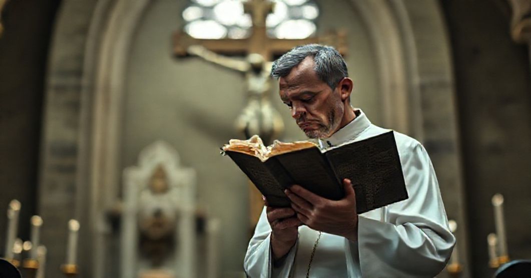 Tradycyjny ksiądz katolicki w ornaty modli się przed krzyżem w kontekście krytyki modernistycznej deformacji misji posoborowych