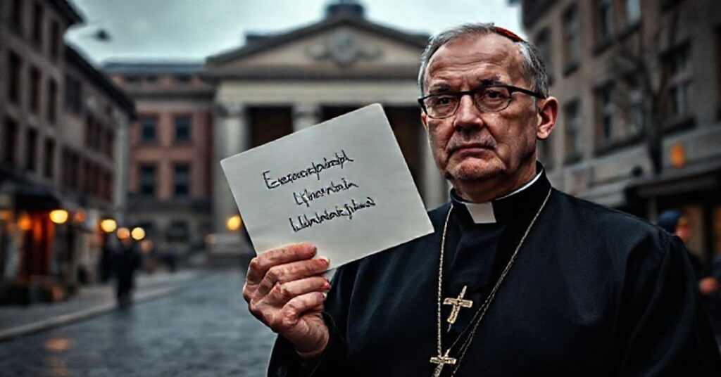 Ksiądz katolicki w niepokojnym gestcie przed budynkiem Parlamentu Europejskiego