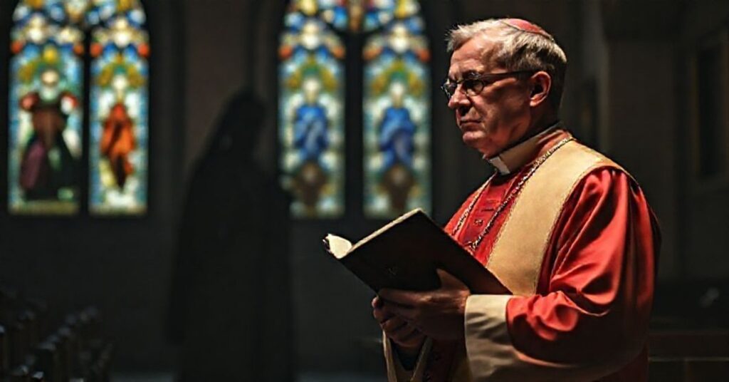 Katolicki książ w tradycyjnych szatach liturgicznych stoi w ciemnym kaplicy, trzymając zamkniętą Biblię i patrząc na odległego czarnego postaci symbolizującego patriarchę moskiewski.