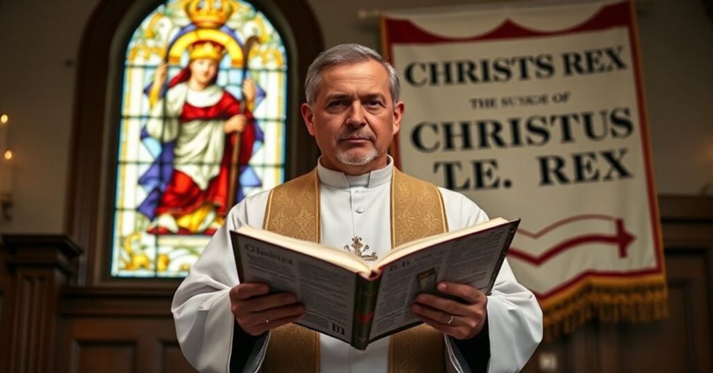 Ksiądz katolicki w tradycyjnych ornatach stoi przed amboną z Biblią otwartą na Księdze Rodzaju 12:3. Na tle witraż przedstawiający Chrystusa Króla. Powaga i ostrożna krytyka teologiczna.
