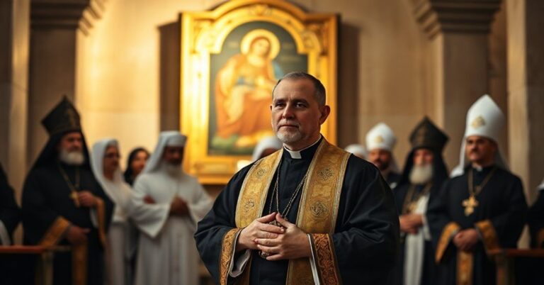 Tradycyjny katolicki ksiądz w liturgicznych szatach stoi w libańskiej cerkwi z poważnym wyrazem twarzy. W tle zgromadzeni są hierarchowie maronici w obrzędach wschodnich z prominentną ikoną Matki Bożej z Karmelu. Scena jest oświetlona naturalnym, ciepłym światłem, wywołując tradycyjną katolicką powagę i głęboką refleksję duchową.