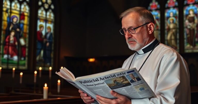 Ksiądz katolicki w tradycyjnej kaplicy patrzy z troską na gazetę z nagłówkami o politycznych mediacjach i wojnach.