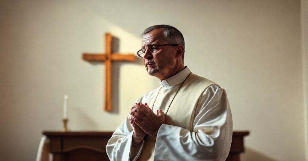 Katolicki ksiądz w tradycyjnych szatach modlący się przed ołtarzem z krzyżem na tle, symbolizującym prawdziwą misję Kościoła.