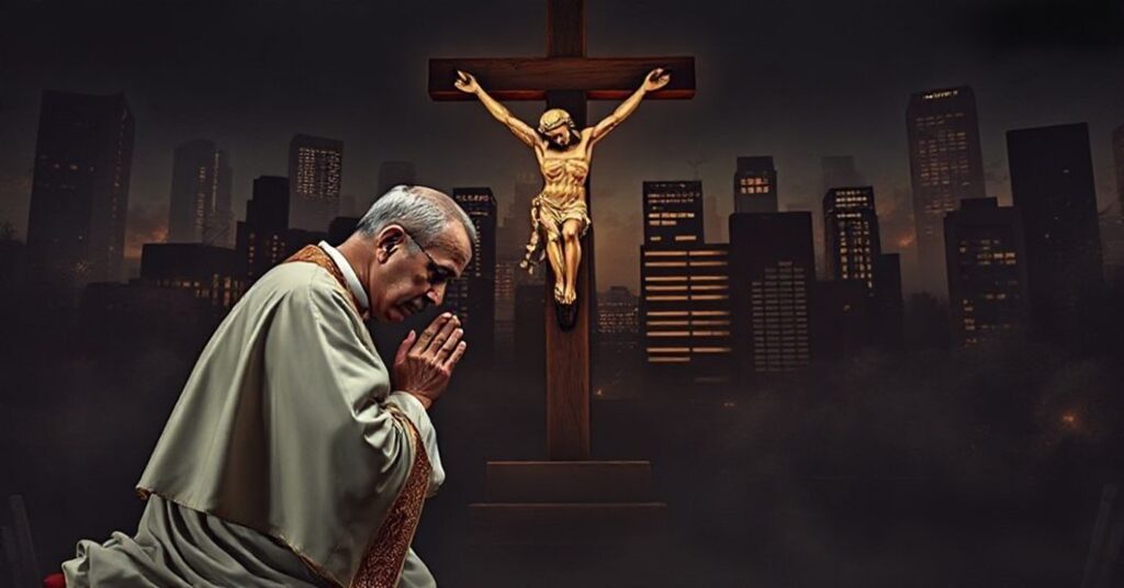 Katolicki ksiądz w tradycyjnych szatach modli się przed krzyżem na tle miasta pełnego przemocy z bronią. Przedstawia apostazję współczesnego społeczeństwa.