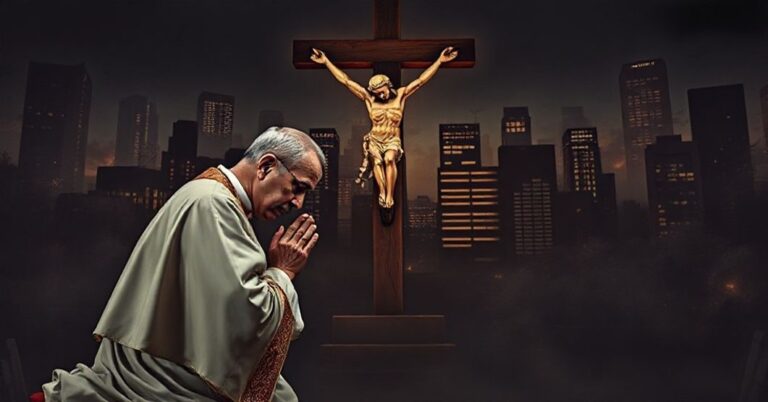 Katolicki ksiądz w tradycyjnych szatach modli się przed krzyżem na tle miasta pełnego przemocy z bronią. Przedstawia apostazję współczesnego społeczeństwa.