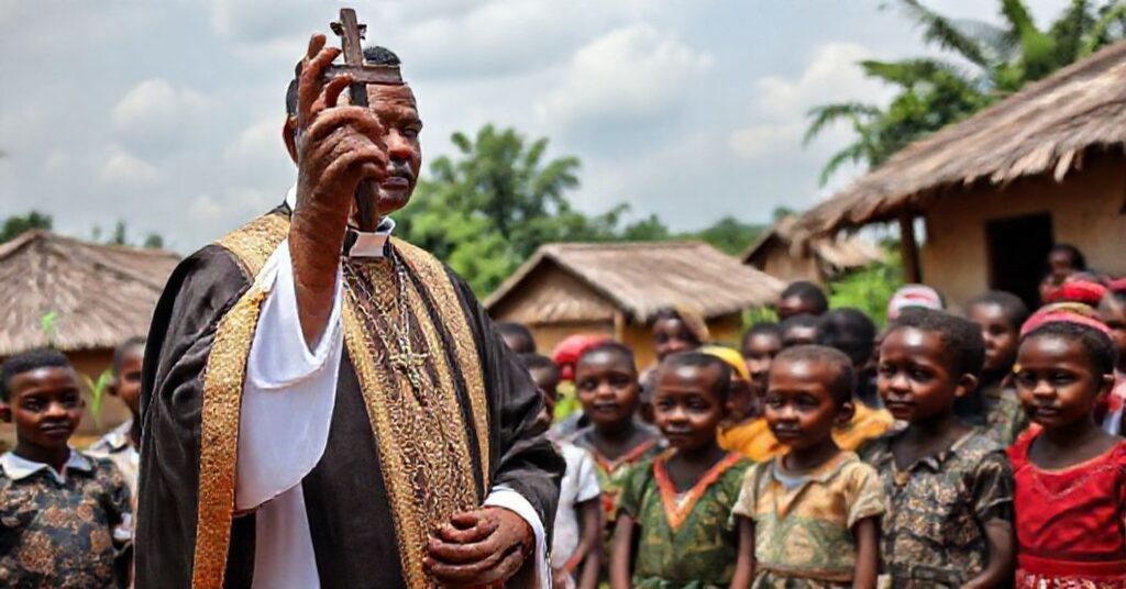 Katolicki ksiądz w tradycyjnych szata liturgicznych błogosławiący uwolnione dzieci i nauczycieli z katolickiej szkoły w Nigerii.