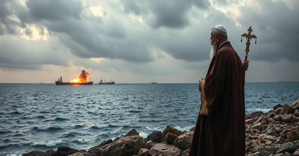 Pojedynczy ksiądz w stroju liturgicznym modli się nad zatoką Perską podczas chaosu geopolitycznego wywołanego operacją „Epicka Furia”.