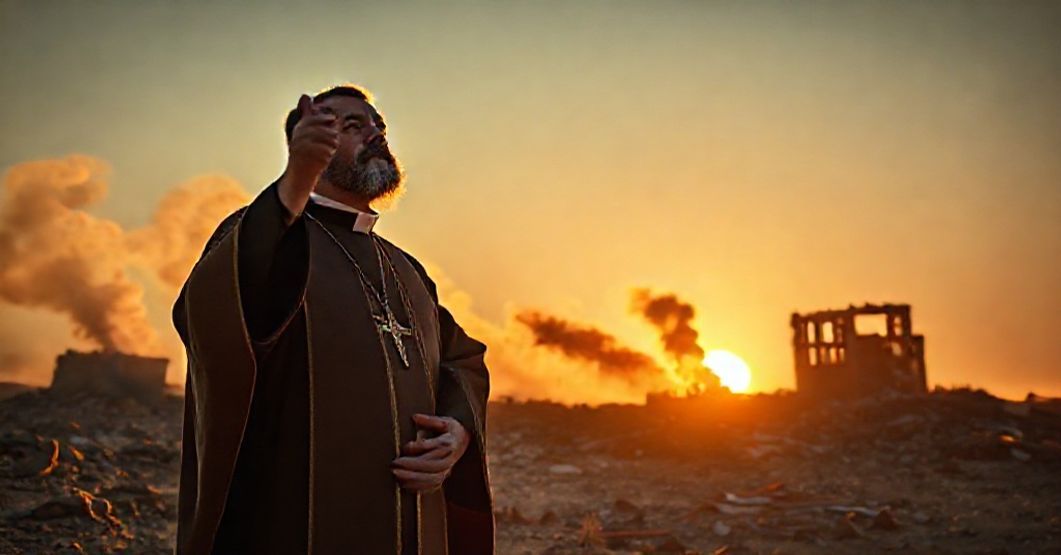 Katolicki ksiądz w tradycyjnych szatach liturgicznych modli się na tle spalonej bazy dżihadystów w Idlibie. W ręku trzyma krzyż, jego twarz wyrazem smutku i determinacji.