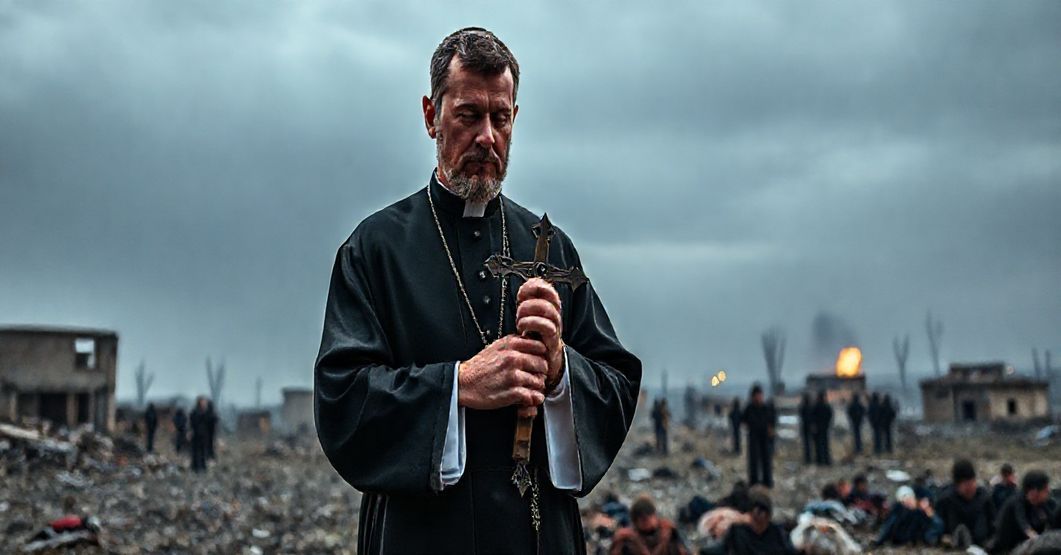 Ksiądz katolicki w tradycyjnym ornacie modli się nad cierpiącymi ukraińskimi cywilami po atakach dronów rosyjskich