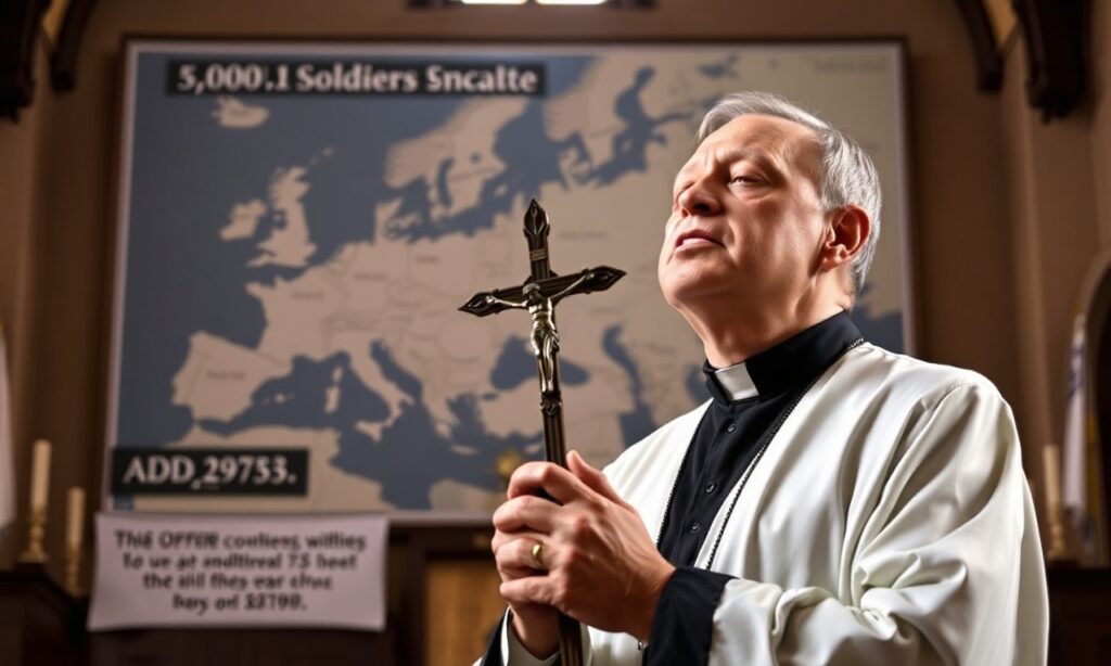 Katolicki ksiądz modli się w tradycyjnym kościele z krzyżem w ręku podczas wycofywania wojsk amerykańskich z Niemiec.