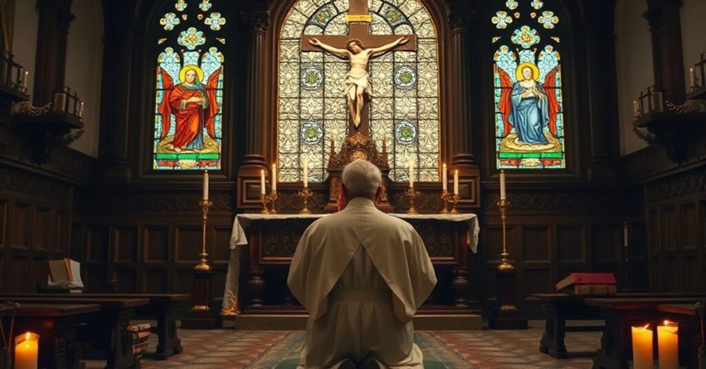 Katolicki ksiądz modli się przed ołtarzem w tradycyjnym kościele, z głębokim smutkiem za stanem Kościoła i dążeniem do powrotu do Tradycji