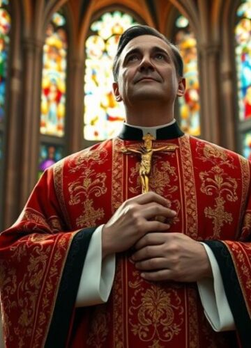 Katolicki duchowny w modlitwie w obronie duchowej Polski Reverent katolicki ksiądz w kościele trzymający krucyfiks, symbol wiary i duchowej ochrony, w otoczeniu historycznego wnętrza, podkreślając potrzebę duchowego ratunku ponad technologią.