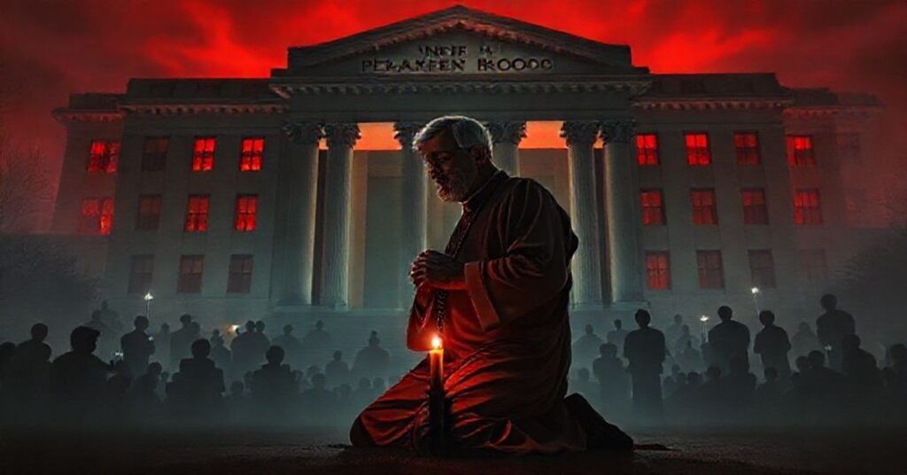 Tradycyjny katolicki ksiądz modli się przed kliniką aborcji Planned Parenthood w nocy