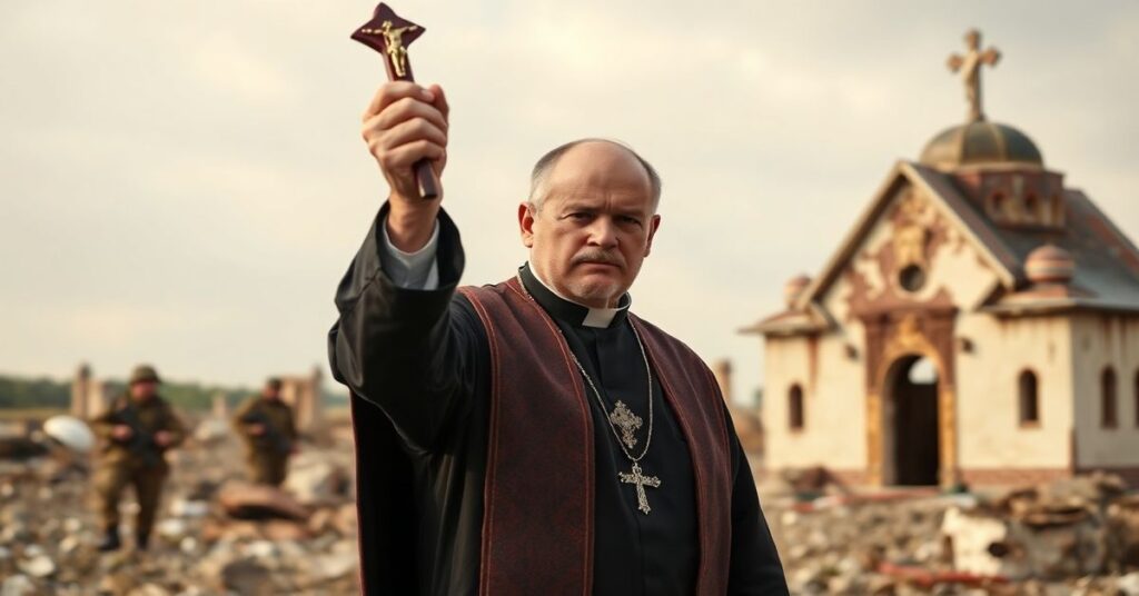 Katolicki ksiądz w tradycyjnych szatach modli się przed zniszczonym kościołem podczas rozejmu na Wielkanoc