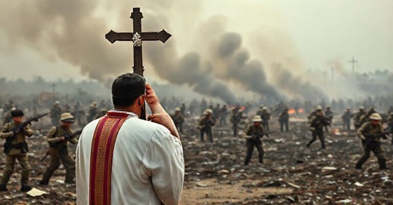 Ksiądz w tradycyjnych szatach kościelnych modli się w pobliżu granicy tajlandzko-kambodżańskiej, podczas gdy żołnierze walczą na tle wojny.
