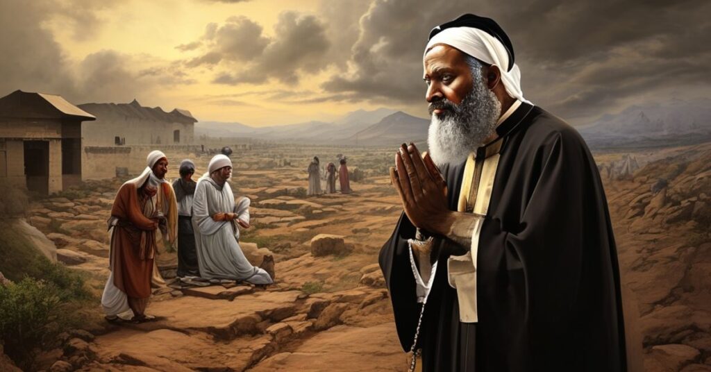 Katolicki ksiądz w modlitwie przed rozdzierającym się krajobrazem Indii, symbolizujący duchową pustkę konfliktu między hinduistami a muzułmanami.