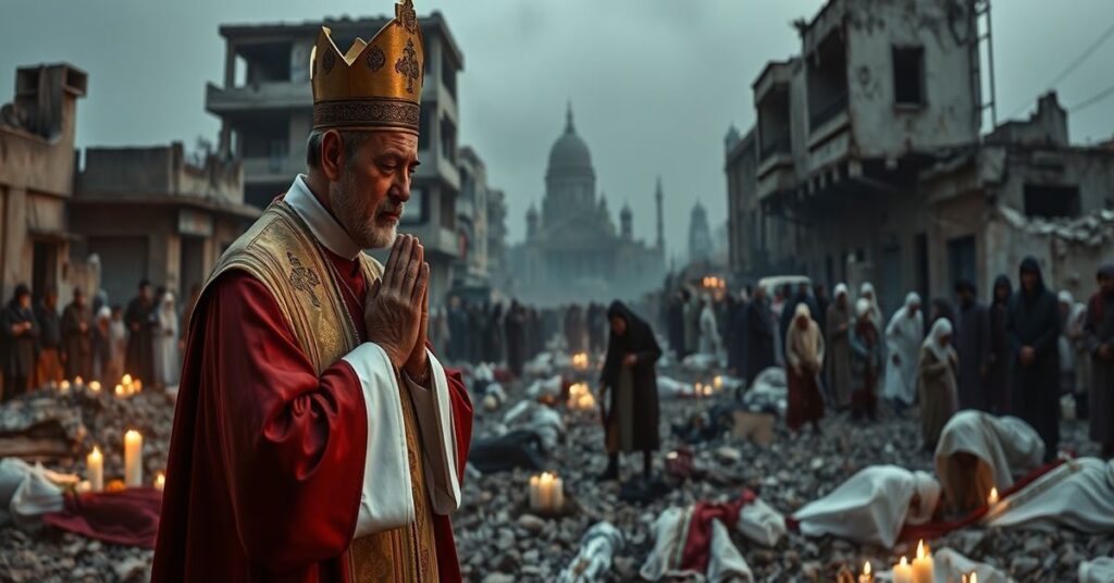 Tradycyjny katolicki ksiądz w ornacie modli się za ofiary ataku w Iranie na tle zniszczeń i płaczących ludzi.