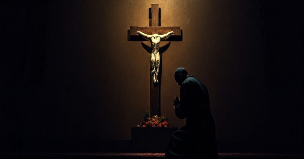 Katolicki ksiądz w modlitwie przed krucyfiksem, w tle cień chińskiego urzędnika komunistycznego, symbolizujący gospodarcze poddanie się Europy reżimowi Chin, który prześladuje katolików. Scena podkreśla duchową walkę i upadek moralny, gdy unijnie urzędnicy negocjują z prześladowcami Kościoła, ignorując męczeństwo chińskich katolików.