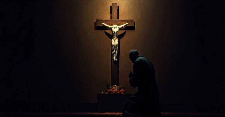 Katolicki ksiądz w modlitwie przed krucyfiksem, w tle cień chińskiego urzędnika komunistycznego, symbolizujący gospodarcze poddanie się Europy reżimowi Chin, który prześladuje katolików. Scena podkreśla duchową walkę i upadek moralny, gdy unijnie urzędnicy negocjują z prześladowcami Kościoła, ignorując męczeństwo chińskich katolików.