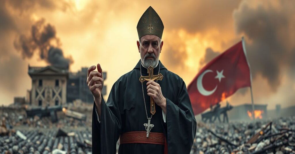 Katolicki ksiądz na wojennej scenie Bliskiego Wschodu z krzyżem w ręku, symbolizujący brak perspektywy moralnej w relacjonowaniu konfliktów