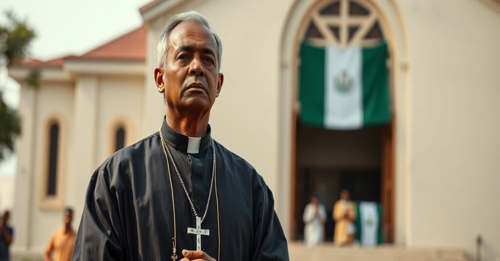 Katolicki książ w tradycyjnym stroju liturgicznym stojący przed nigerijskim kościołem, trzymający róż asłany i patrzący smutnie na horyzont. W tle widoczne sa cierpiący chrześcijanie i flaga Nigerii.