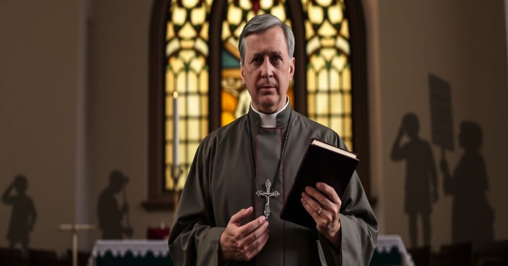 Katolicki ksiądz w tradycyjnych szatach liturgicznych stoi przed ołtarzem kościoła, trzymając różaniec i księgę doktrynalną. Na tle widnieje witraż z Ukrzyżowaniem.