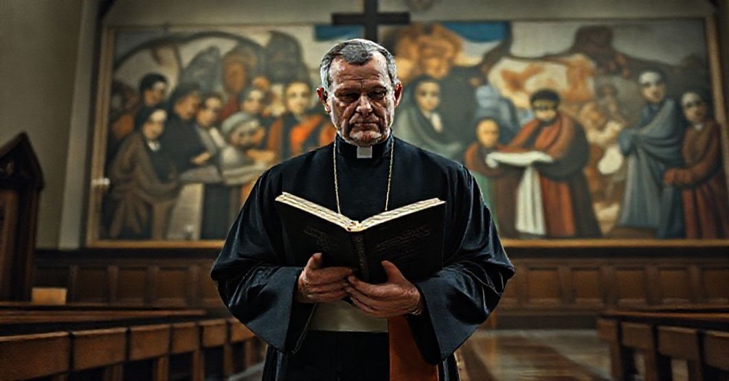 Ksiądz w tradycyjnym stroju stojący w kościele z poważną twarzą przed nowoczesnym malowidłem sekularyzacyjnym.