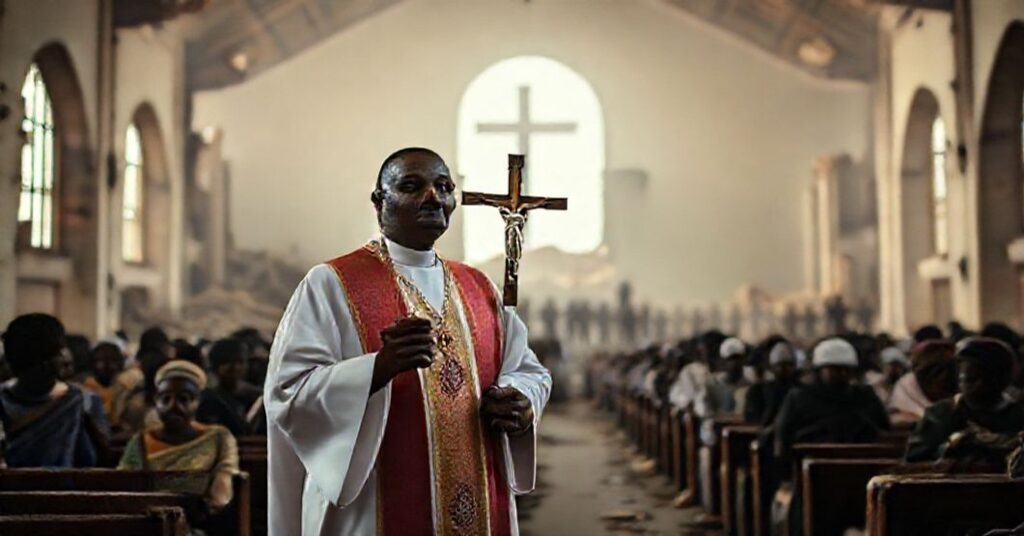 Katolicki ksiądz w tradycyjnych szatach liturgicznych stoi przed ruinami niszczonej kościoła w Nigerii, otoczony prześladowanymi wiernymi. Symbolika męczeństwa katolickiego pod naciskiem islamskich terrorystów.