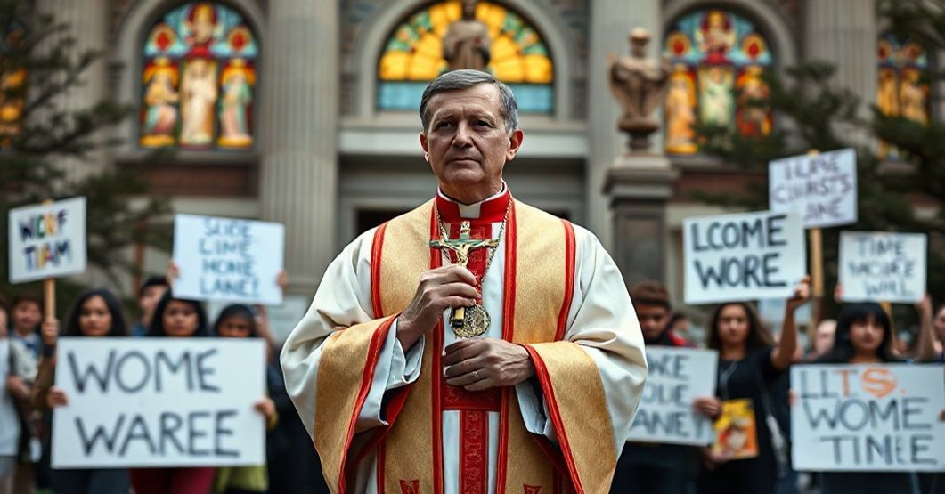 Ksiądz w tradycyjnych szatach liturgicznych przed budynkiem uniwersyteckim trzymający krzyż przed protestującymi studentami z plakatami o ideologii woke.