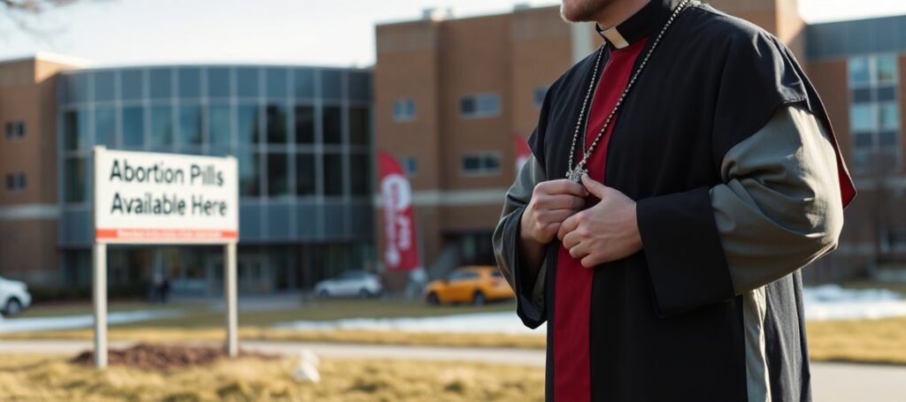 Katolicki ksiądz w tradycyjnych szatach stojący przed kampusem uniwersyteckim w Kolorado z napisem 'Tabletki aborcyjne dostępne tutaj'.