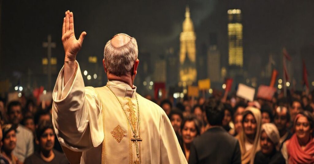 Ksiądz w tradycyjnym stroju liturgicznym stoi przed zróżnicowaną tłumem, ostrzegając przed synkretyzmem kulturowym. Tło przedstawia miasto z mizernymi symbolami kulturowymi znikającymi w ciemności.