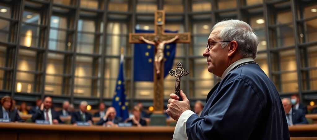 Ksiądz katolicki w Brukseli przed Parlamentem Europejskim z krzyżem podczas debaty o systemie ETS