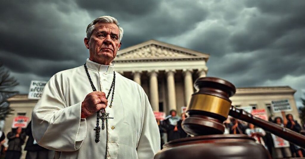 Katolicki książ stoi przed budynkiem sądu w Pensylwanii, trzymając różaniec i wyglądając na zniechęcenia. Za nim grupa osób trzyma tablice popierające aborcję, podczas gdy młotek sędziaszki leży groźnie na pierwszym planie. Scena przekazuje głęboki moralny smutek i duchowy konflikt spowodowany przez poparcie stanowe dla aborcji.