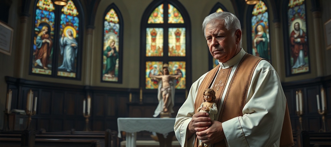 Tradycyjny wnętrze kościoła katolickiego z księdzem przed ołtarzem trzymającym krzyż, wyrażającym smutek i oburzenie z powodu decydującego sądu o wysyłce tabletek aborcyjnych